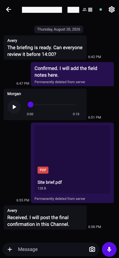 M2 conversation with encrypted messages, a voice note, and a shared PDF