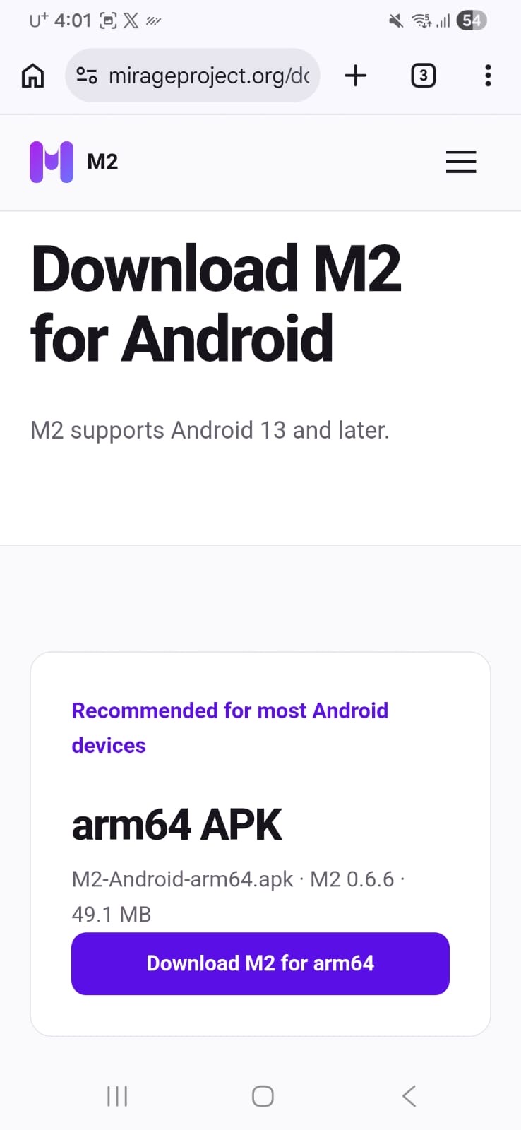 M2 download page showing the recommended arm64 APK