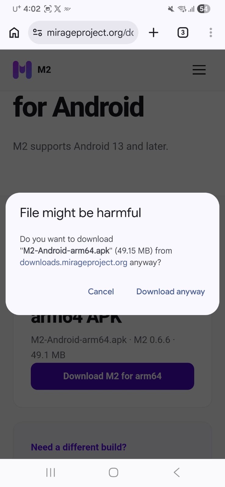 Android browser asking to download M2-Android-arm64.apk from downloads.mirageproject.org