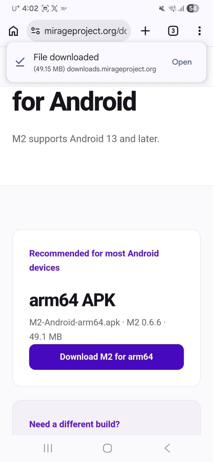 Browser notification showing the M2 APK download is complete