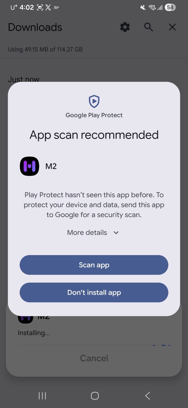 Google Play Protect screen recommending a scan of M2